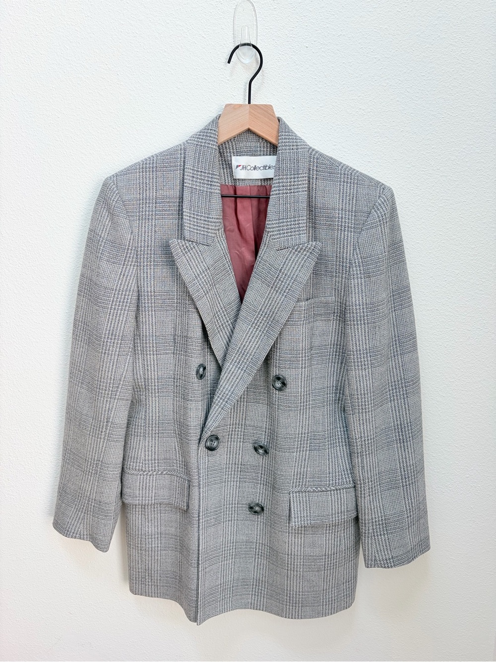 JH Collectibles Vintage Blazer Double Breasted Glen Plaid Wool Cream Gray Size 6